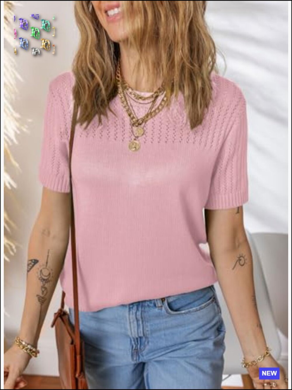 Hollow Out Knit Pullover Sweater Crew Neck Short Sleeve Loose Fit Blouse Y2K - Picture 3 of 7